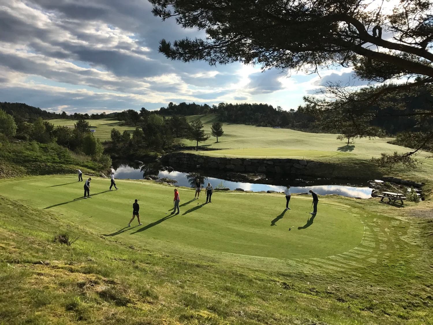 En gruppe spillere øver på puttinggreenen på Haugaland Golfbane Sveio i kveldssol